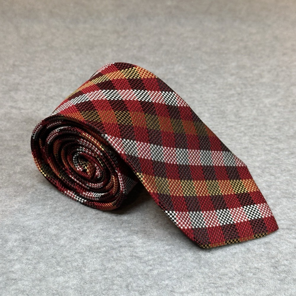 Jhane Barnes Neck Tie Red White Yellow Plaid 100% Silk‎